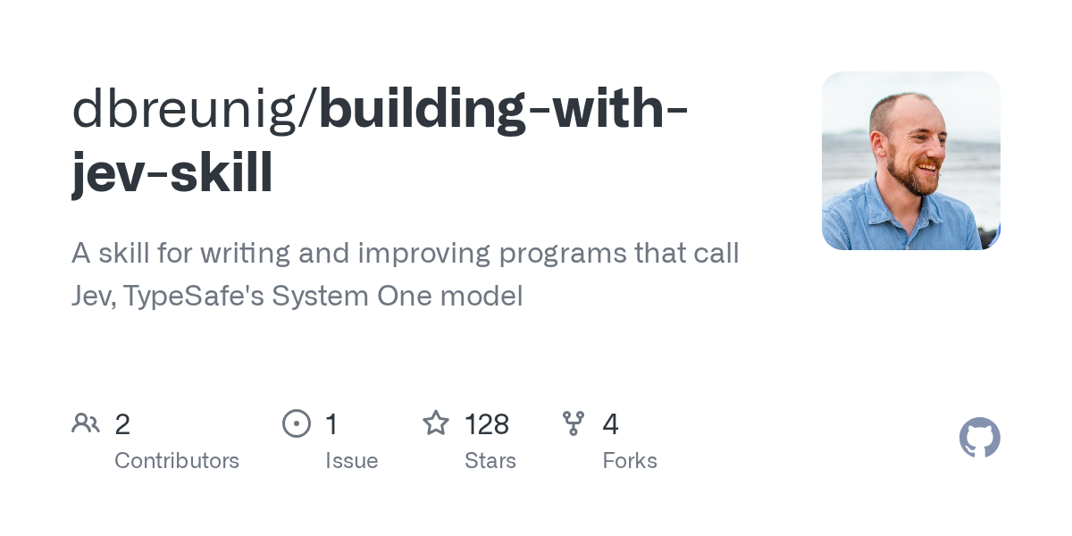 GitHub 为 dbreunig/building-with-jev-skill 仓库生成的 OpenGraph 预览图;这是仓库预览,不是软件运行截图。内容依据其公开仓库整理。