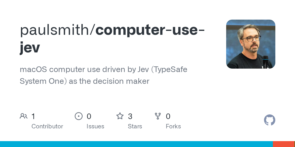GitHub 为 paulsmith/computer-use-jev 仓库生成的 OpenGraph 预览图;这是仓库预览,不是软件运行截图。内容依据其公开仓库整理。