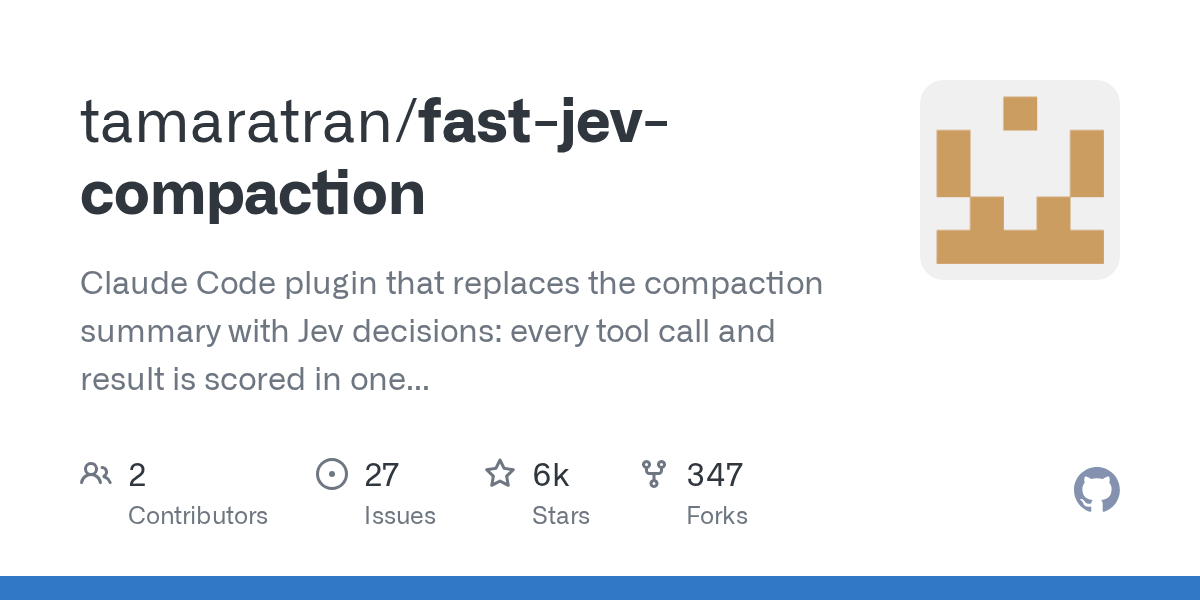 GitHub 为 tamaratran/fast-jev-compaction 仓库生成的 OpenGraph 预览图;这是仓库预览,不是软件运行截图。内容依据其公开仓库整理。