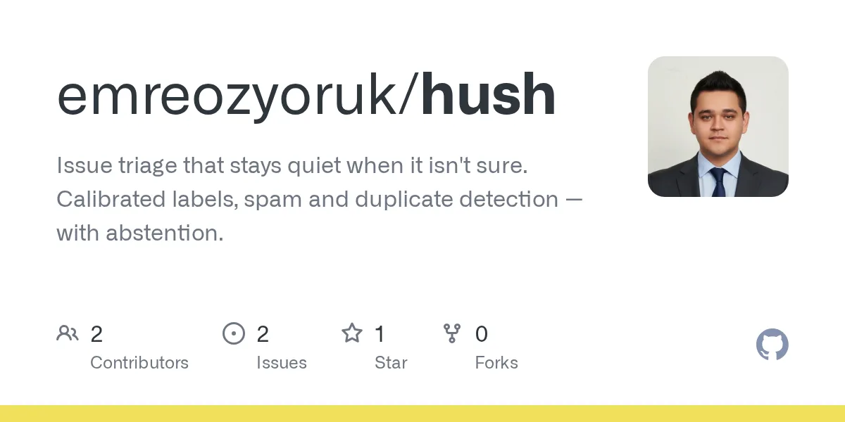 GitHub 为 emreozyoruk/hush 仓库生成的 OpenGraph 预览图;这是仓库预览,不是软件运行截图。内容依据其公开仓库整理。