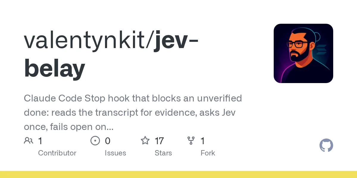 GitHub 为 valentynkit/jev-belay 仓库生成的 OpenGraph 预览图;这是仓库预览,不是软件运行截图。内容依据其公开仓库整理。