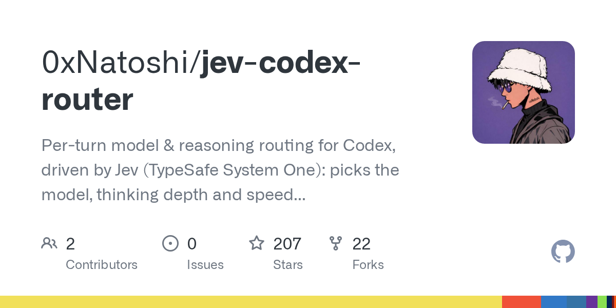 GitHub 为 0xNatoshi/jev-codex-router 仓库生成的 OpenGraph 预览图;这是仓库预览,不是软件运行截图。内容依据其公开仓库整理。