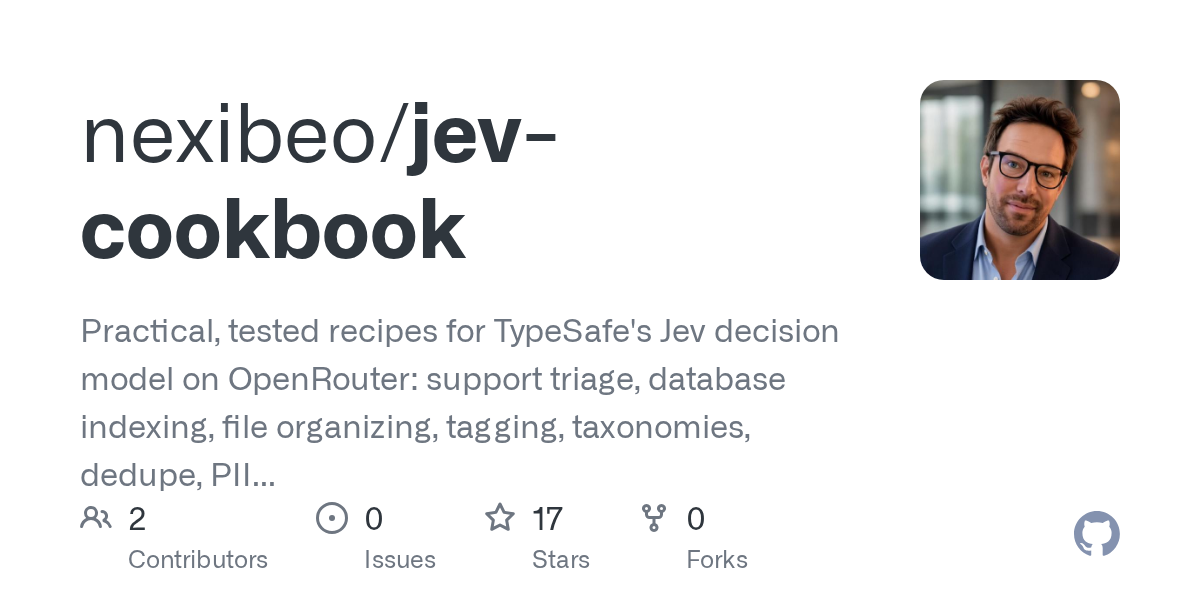 GitHub 为 nexibeo/jev-cookbook 仓库生成的 OpenGraph 预览图;这是仓库预览,不是软件运行截图。内容依据其公开仓库整理。