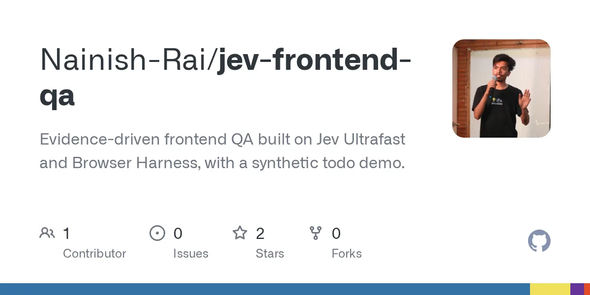 GitHub 为 Nainish-Rai/jev-frontend-qa 仓库生成的 OpenGraph 预览图;这是仓库预览,不是软件运行截图。内容依据其公开仓库整理。