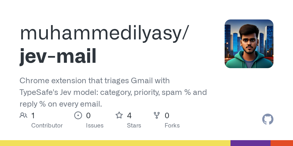 GitHub 为 muhammedilyasy/jev-mail 仓库生成的 OpenGraph 预览图;这是仓库预览,不是软件运行截图。内容依据其公开仓库整理。