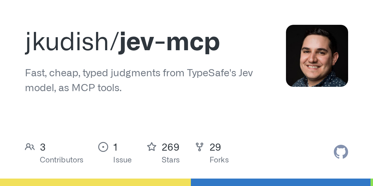 GitHub 为 jkudish/jev-mcp 仓库生成的 OpenGraph 预览图;这是仓库预览,不是软件运行截图。内容依据其公开仓库整理。