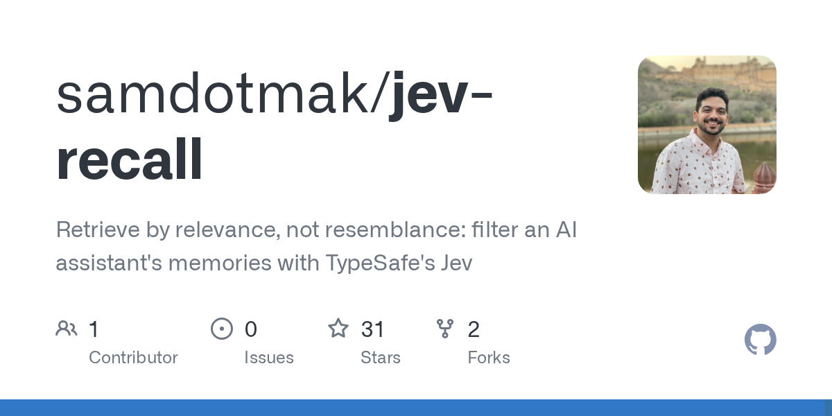GitHub 为 samdotmak/jev-recall 仓库生成的 OpenGraph 预览图;这是仓库预览,不是软件运行截图。内容依据其公开仓库整理。