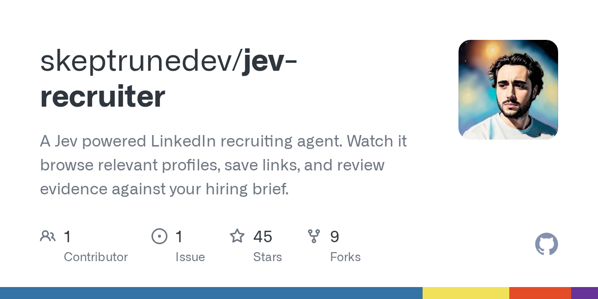 GitHub 为 skeptrunedev/jev-recruiter 仓库生成的 OpenGraph 预览图;这是仓库预览,不是软件运行截图。内容依据其公开仓库整理。