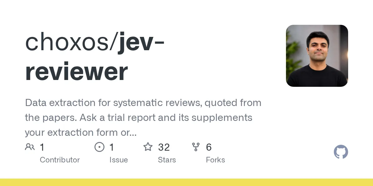 GitHub 为 choxos/jev-reviewer 仓库生成的 OpenGraph 预览图;这是仓库预览,不是软件运行截图。内容依据其公开仓库整理。