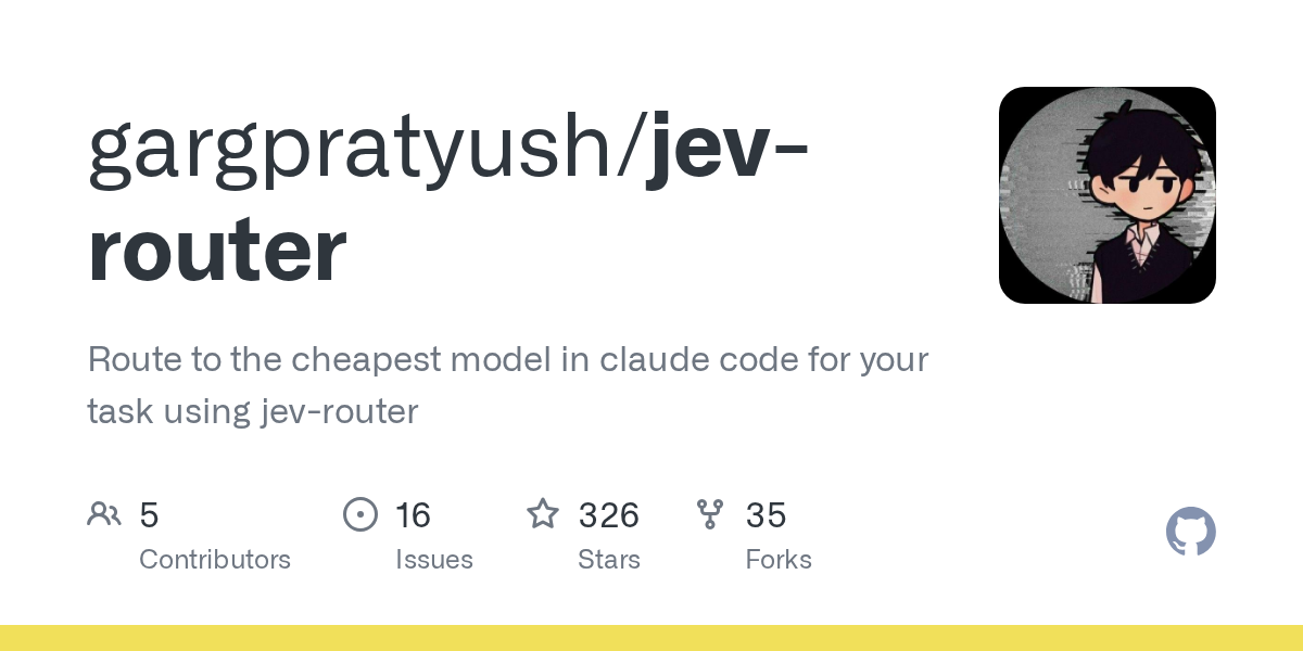 GitHub 为 gargpratyush/jev-router 仓库生成的 OpenGraph 预览图;这是仓库预览,不是软件运行截图。内容依据其公开仓库整理。
