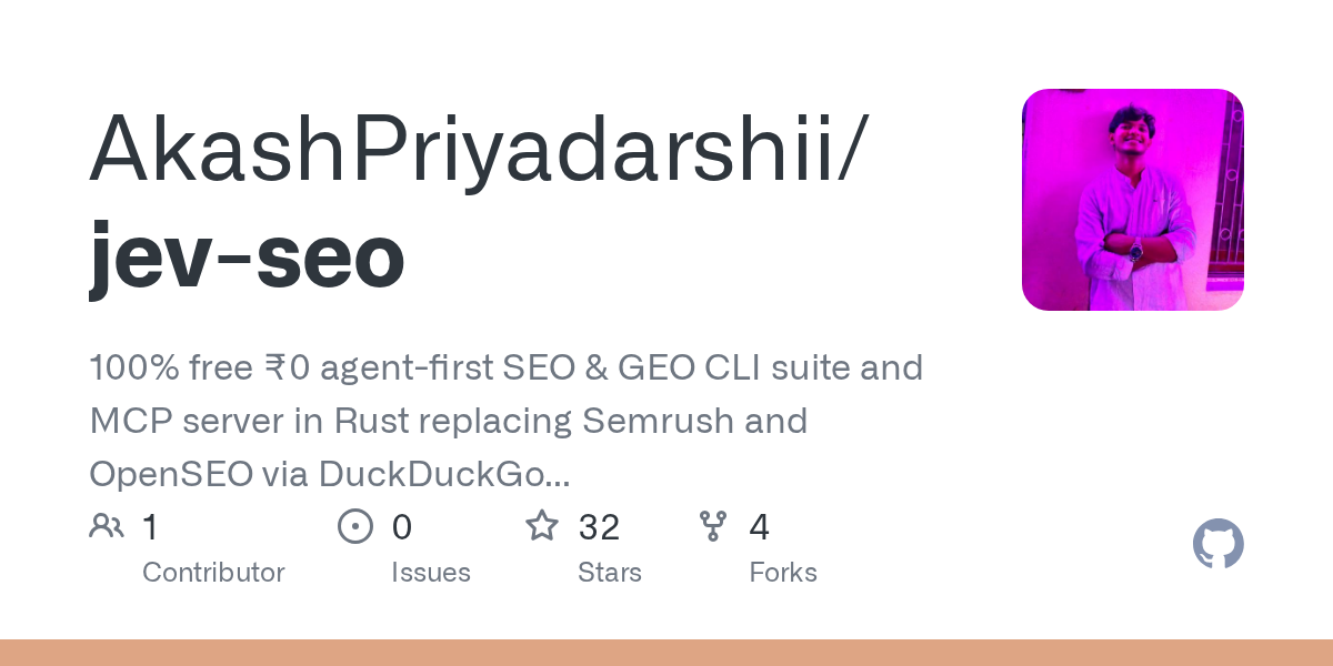 GitHub 为 AkashPriyadarshii/jev-seo 仓库生成的 OpenGraph 预览图;这是仓库预览,不是软件运行截图。内容依据其公开仓库整理。