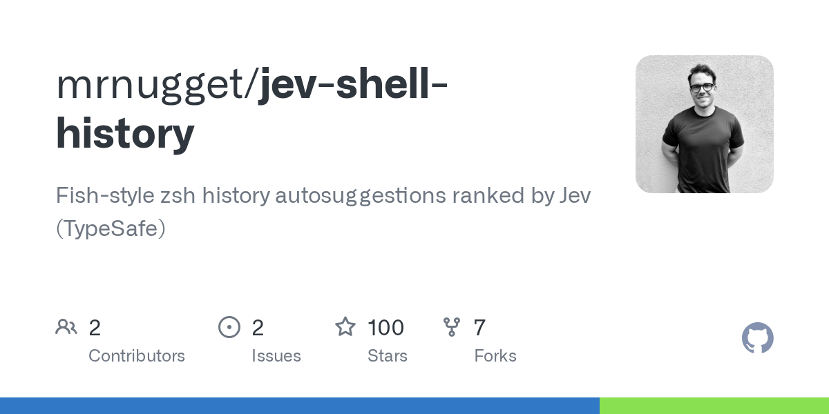 GitHub 为 mrnugget/jev-shell-history 仓库生成的 OpenGraph 预览图;这是仓库预览,不是软件运行截图。内容依据其公开仓库整理。
