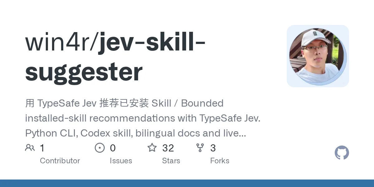 GitHub 为 win4r/jev-skill-suggester 仓库生成的 OpenGraph 预览图;这是仓库预览,不是软件运行截图。内容依据其公开仓库整理。