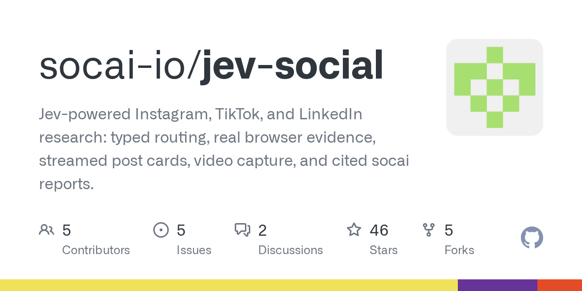 GitHub 为 socai-io/jev-social 仓库生成的 OpenGraph 预览图;这是仓库预览,不是软件运行截图。内容依据其公开仓库整理。