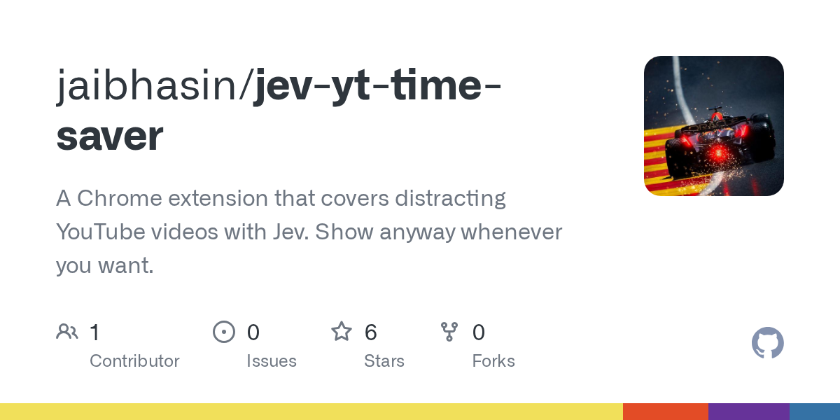 GitHub 为 jaibhasin/jev-yt-time-saver 仓库生成的 OpenGraph 预览图;这是仓库预览,不是软件运行截图。内容依据其公开仓库整理。