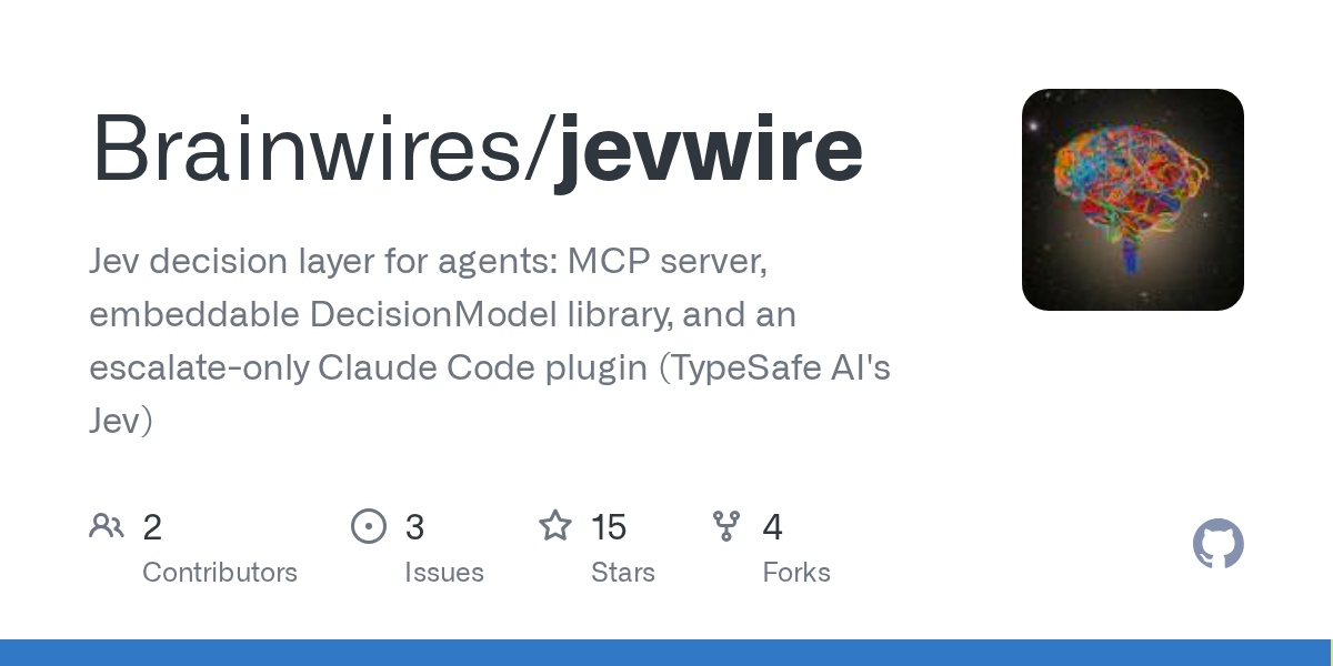 GitHub 为 Brainwires/jevwire 仓库生成的 OpenGraph 预览图;这是仓库预览,不是软件运行截图。内容依据其公开仓库整理。