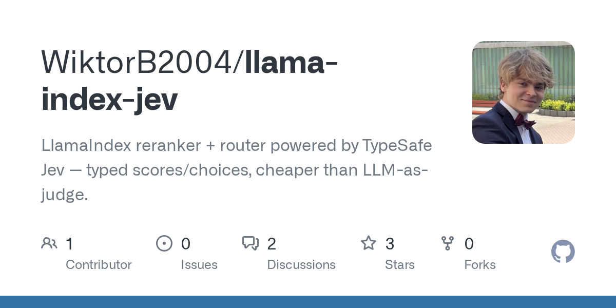 GitHub 为 WiktorB2004/llama-index-jev 仓库生成的 OpenGraph 预览图;这是仓库预览,不是软件运行截图。内容依据其公开仓库整理。