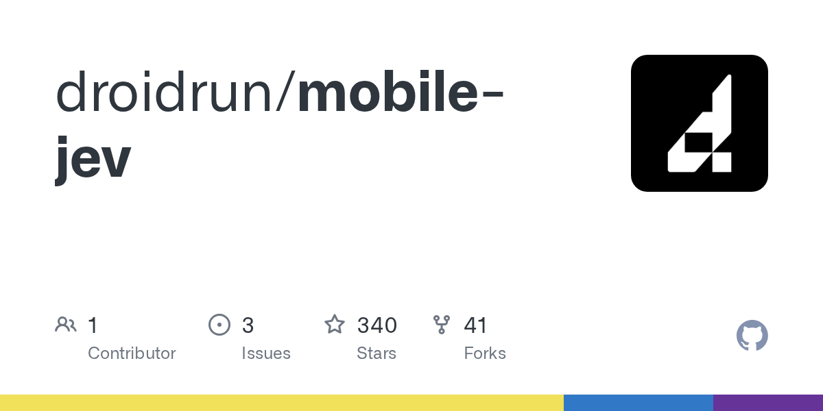 GitHub 为 droidrun/mobile-jev 仓库生成的 OpenGraph 预览图;这是仓库预览,不是软件运行截图。内容依据其公开仓库整理。