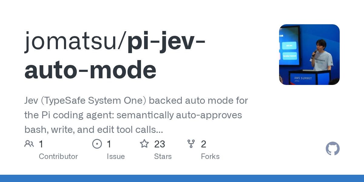 GitHub 为 jomatsu/pi-jev-auto-mode 仓库生成的 OpenGraph 预览图;这是仓库预览,不是软件运行截图。内容依据其公开仓库整理。