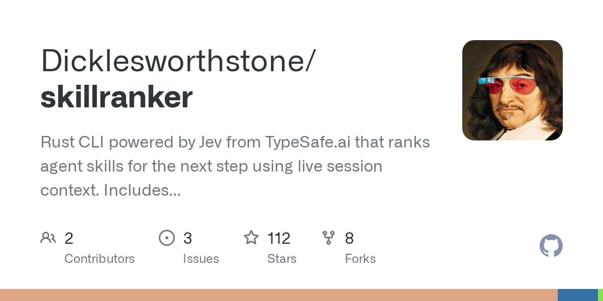 GitHub 为 Dicklesworthstone/skillranker 仓库生成的 OpenGraph 预览图;这是仓库预览,不是软件运行截图。内容依据其公开仓库整理。