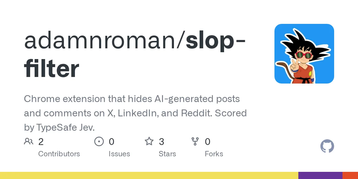 GitHub 为 adamnroman/slop-filter 仓库生成的 OpenGraph 预览图;这是仓库预览,不是软件运行截图。内容依据其公开仓库整理。