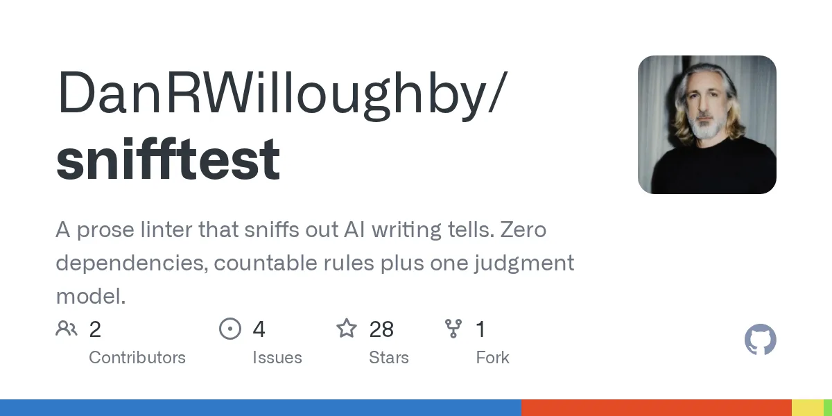 GitHub 为 DanRWilloughby/snifftest 仓库生成的 OpenGraph 预览图;这是仓库预览,不是软件运行截图。内容依据其公开仓库整理。