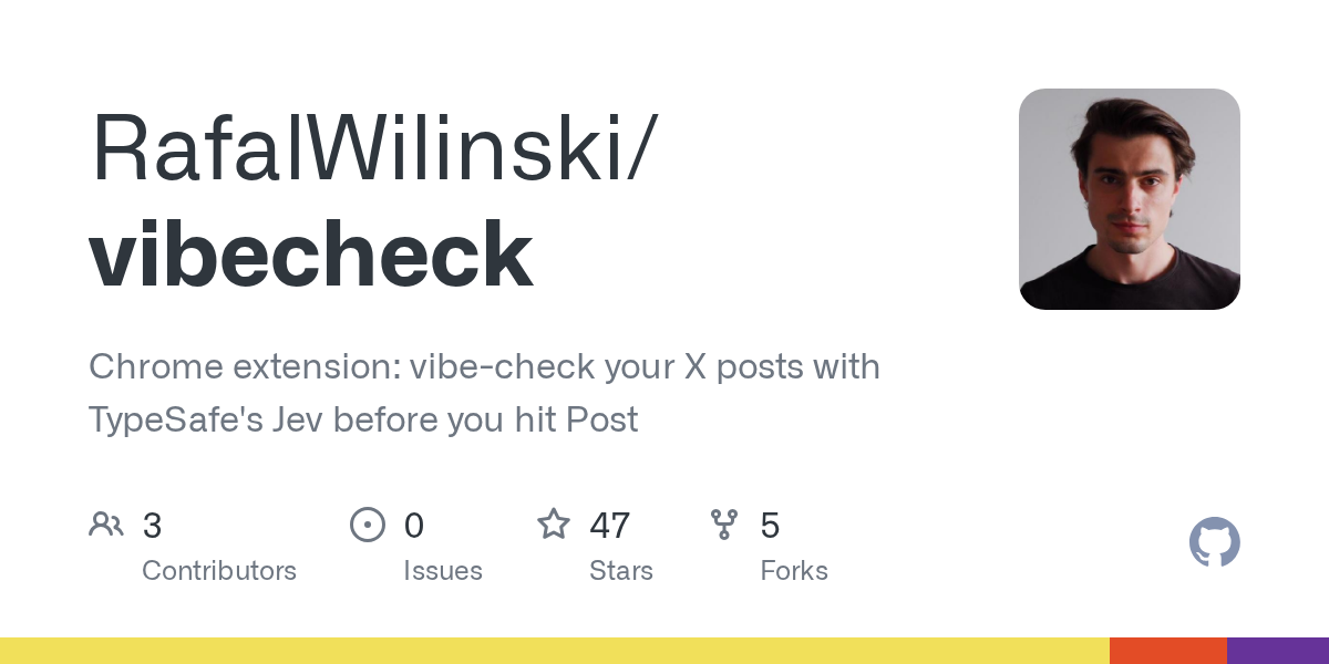 GitHub 为 RafalWilinski/vibecheck 仓库生成的 OpenGraph 预览图;这是仓库预览,不是软件运行截图。内容依据其公开仓库整理。